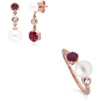 Trendy Pearl, Ruby & Topaz Earring & Ring Set in Rose Gold Plated Silver - Image 2