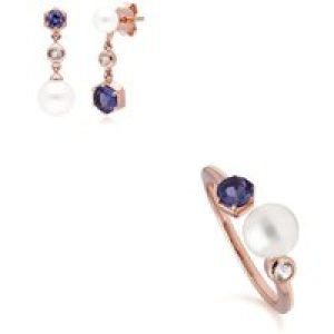 Fashionable Pearl, Tanzanite & Topaz Earring & Ring Set in Rose Gold Plated Silver