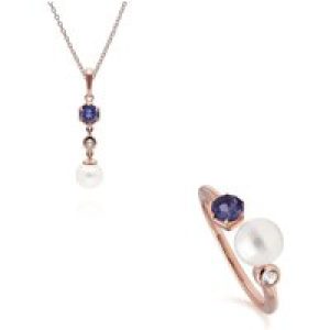 Trendy Pearl, Tanzanite & Topaz Pendant & Ring Set in Rose Gold Plated Silver