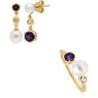 Trendy Pearl, Topaz & Amethyst Earring & Ring Set in Gold Plated Silver - Image 2