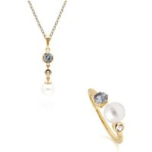 Trendy Pearl, Topaz & Aquamarine Ring & Pendant Set in Gold Plated Silver