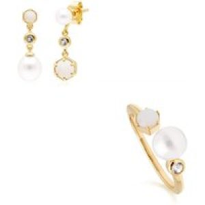 Fashionable Pearl, Topaz & Opal Earring & Ring Set in Gold Plated Silver
