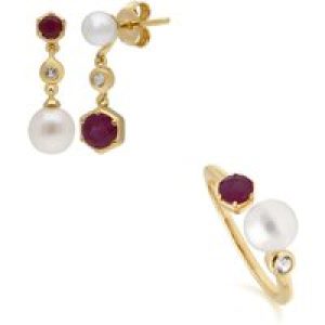 Trendy Pearl, Topaz & Ruby Earring & Ring Set in Gold Plated Silver
