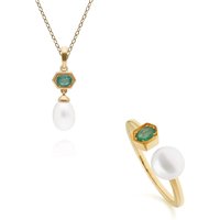 Fashionable Pearl & Emerald Pendant & Ring Set in Gold Plated Silver - Image 2