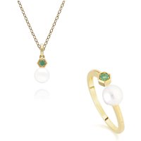 Trendy Pearl & Emerald Pendant & Ring Set in 9ct Gold - Image 2