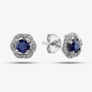 9ct White Gold Sapphire & Diamond Halo Stud Earrings OJE1701-BS