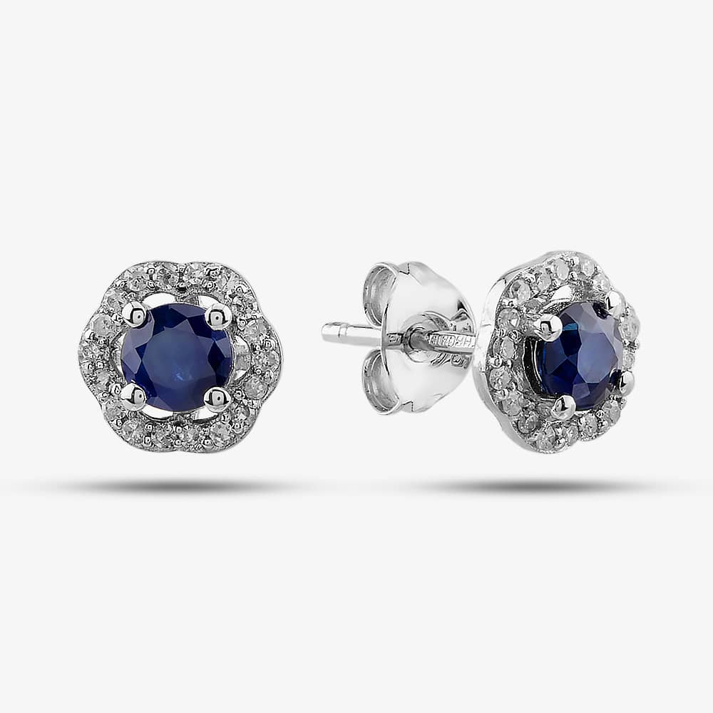 9ct White Gold Sapphire & Diamond Halo Stud Earrings OJE1701-BS