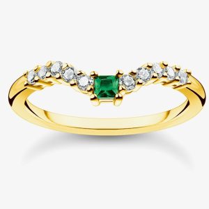 THOMAS SABO Gold Plated Green Stone Curved Ring TR2398-971-7-54