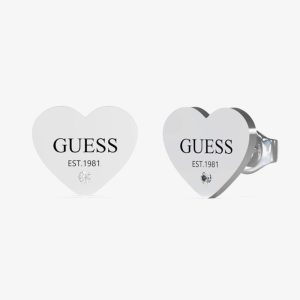 Guess Party Silver Tone Logo Heart Stud Earrings UBE02177RH