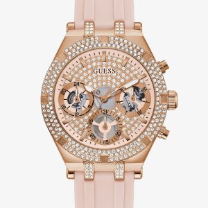 Guess Ladies Heiress Rose Gold Pink Rubber Strap Watch GW0407L3