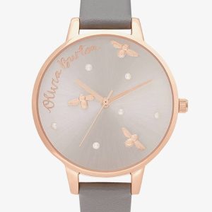 Olivia Burton Pearly Queen Rose Gold and London Grey Strap Watch OB16PQ03