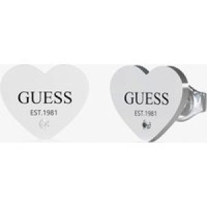 Guess Party Silver Tone Logo Heart Stud Earrings UBE02177RH