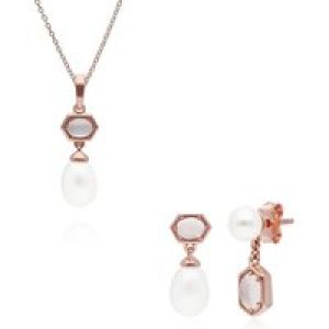 Trendy Pearl & Opal Pendant & Earring Set in Rose Gold Plated Silver