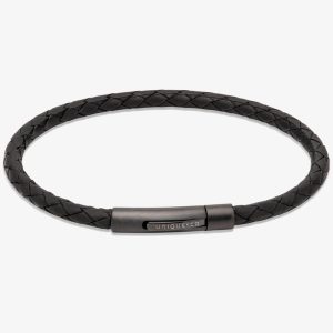 Unique Mens Black Leather & Black Stainless Steel Bracelet B503BL/21CM