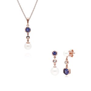 Trendy Pearl, Tanzanite & Topaz Pendant & Earring Set in Rose Gold Plated Silver