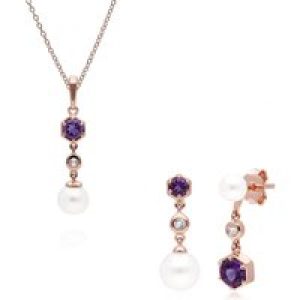 Fashionable Pearl, Amethyst & Topaz Pendant & Earring Set in Rose Gold Plated Silver
