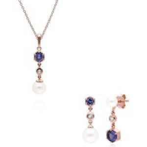 Trendy Pearl, Tanzanite & Topaz Pendant & Earring Set in Rose Gold Plated Silver