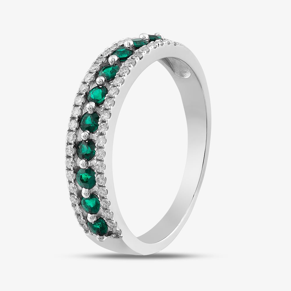 9ct White Gold Emerald & Diamond Three Row Half Eternity Ring PR10669 EM N