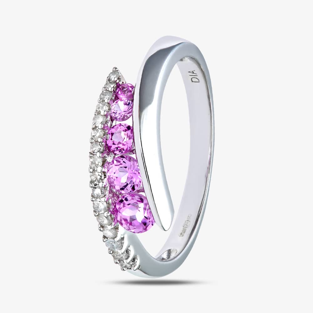 9ct White Gold Created Pink Topaz & 0.15ct Diamond Twist Ring PR07812W CRTD P.TPZ J