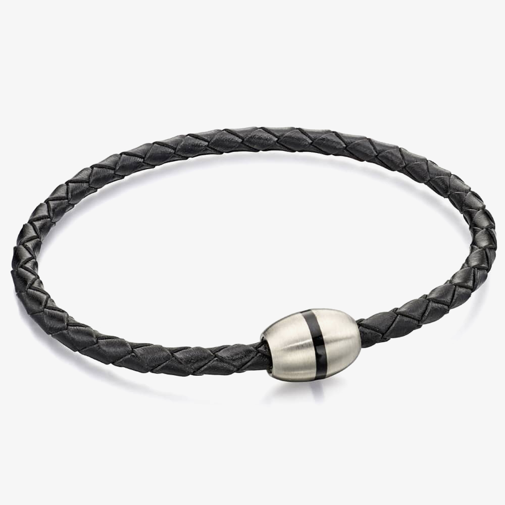 Fred Bennett Stainless Steel Skinny Black Leather Plaited Bracelet B4915