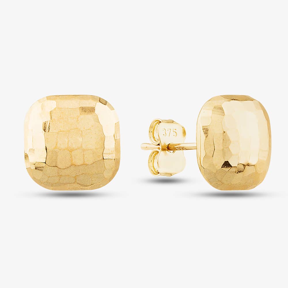 9ct Yellow Gold Hammered Squared-Cushion Stud Earrings ER424