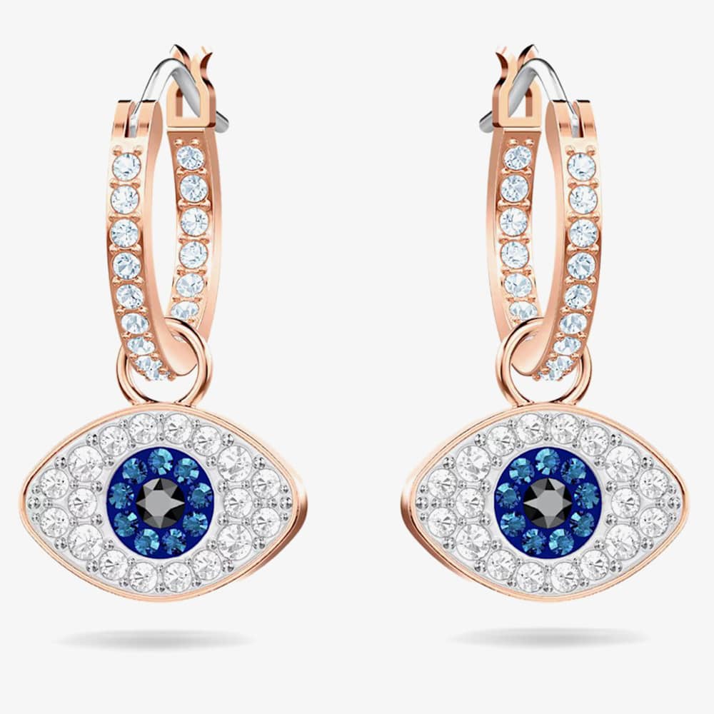 Swarovski Duo Rose Gold Tone Blue Evil Eye Hoop Earrings 5425857