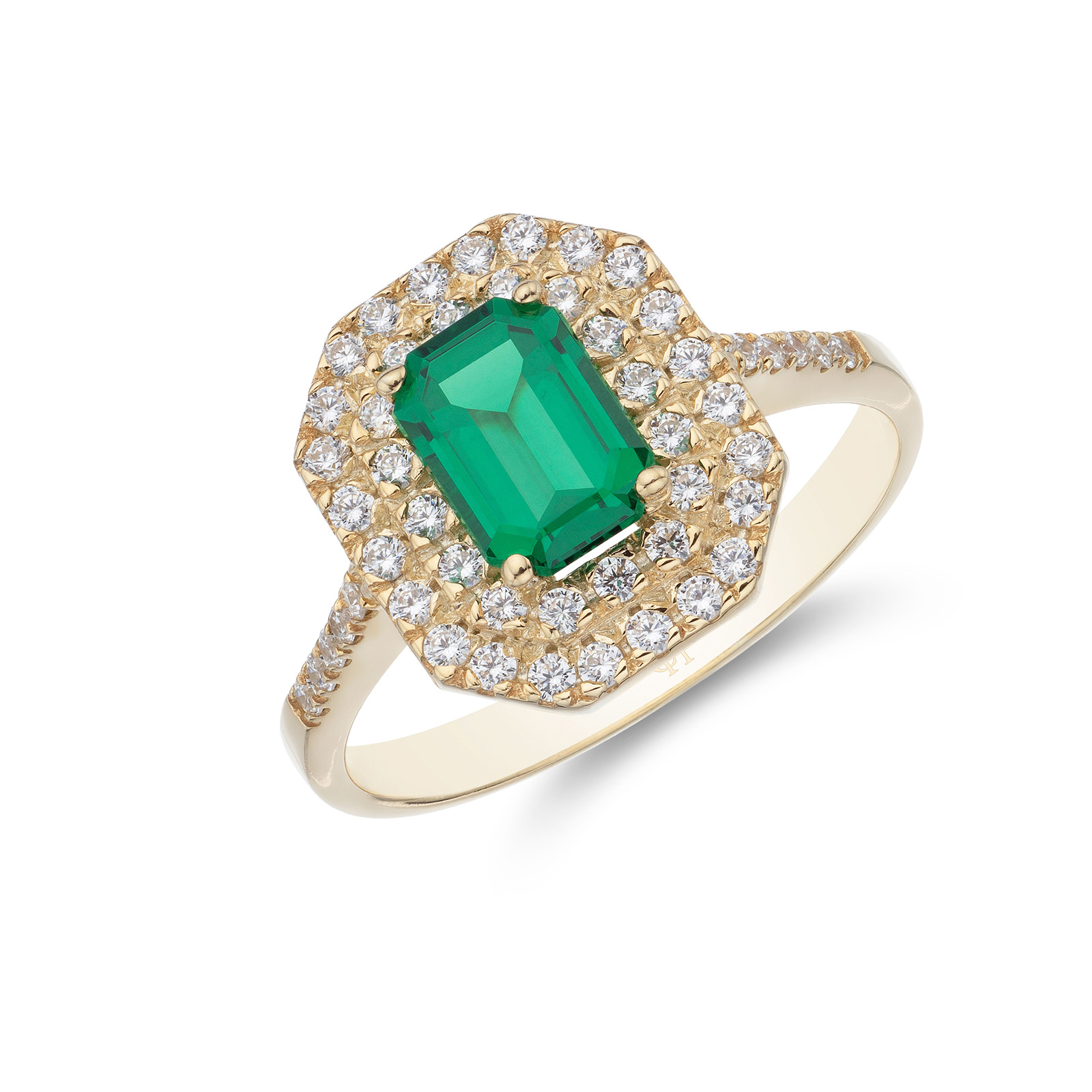 9ct Yellow Gold Emerald Minimize Colored Cubic Zirconia Double Halo Solitaire Ring