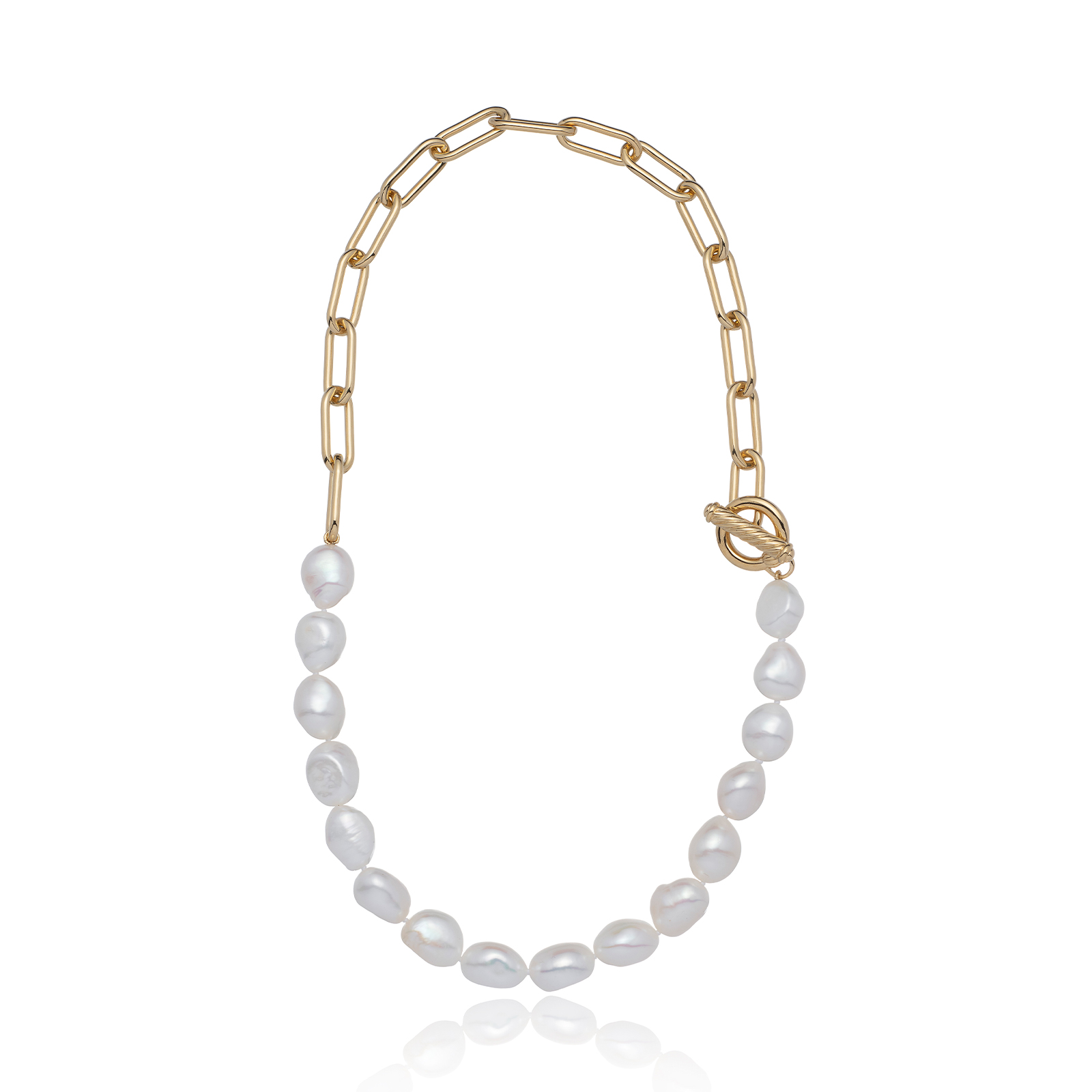 Yellow Gold Plated 10-11mm Pearl Hyperlink T-Bar Necklace