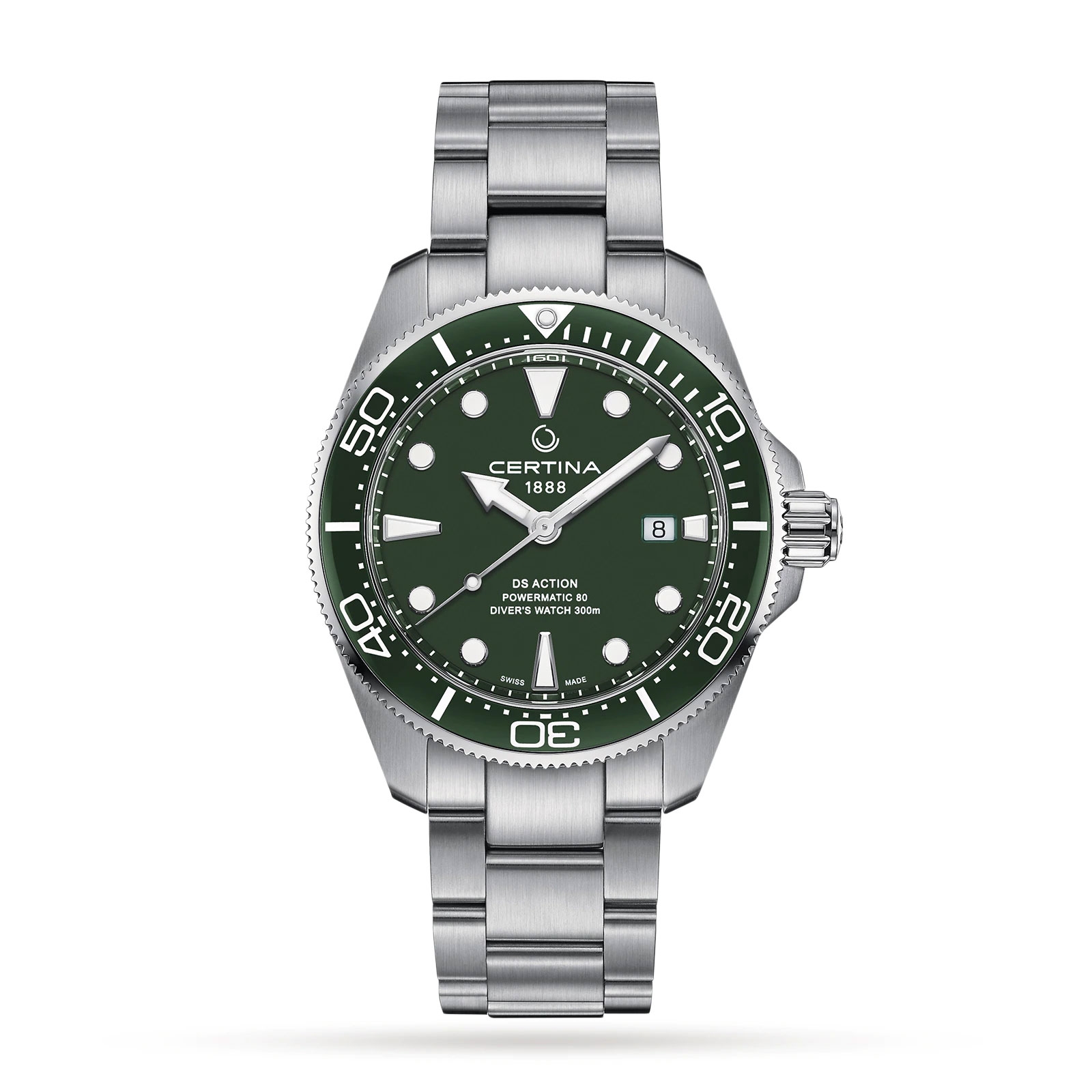 Certina DS Motion Diver Mens Watch CO032.607.11.091.00 Inexperienced Dial Metal Bracelet