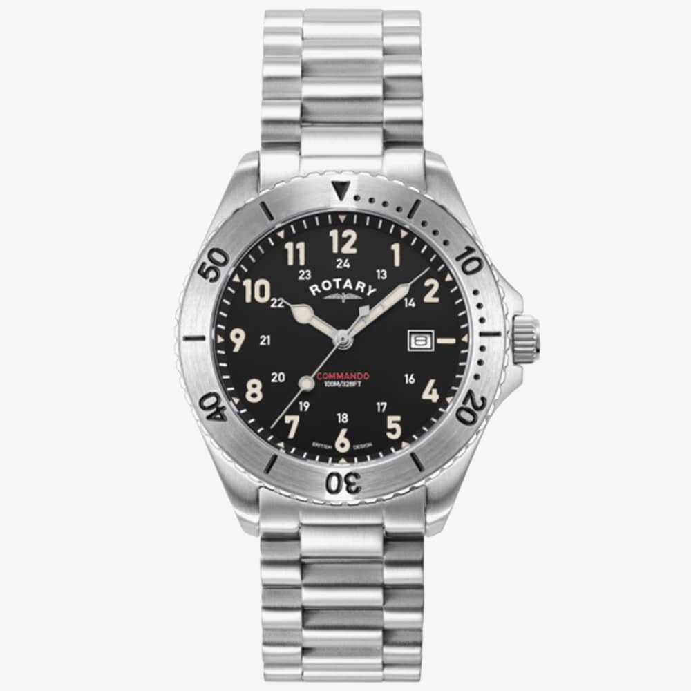 Rotary Mens Commando Black Dial Stainless Steel Watch GB05475/19