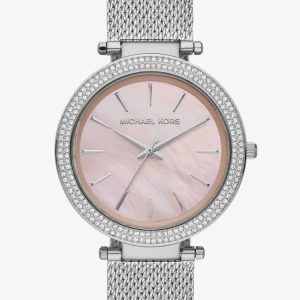 Michael Kors Ladies Darci Stainless Steel Pink Mother Of Pearl Dial Crystal Set Bezel Mesh Strap Watch MK4518
