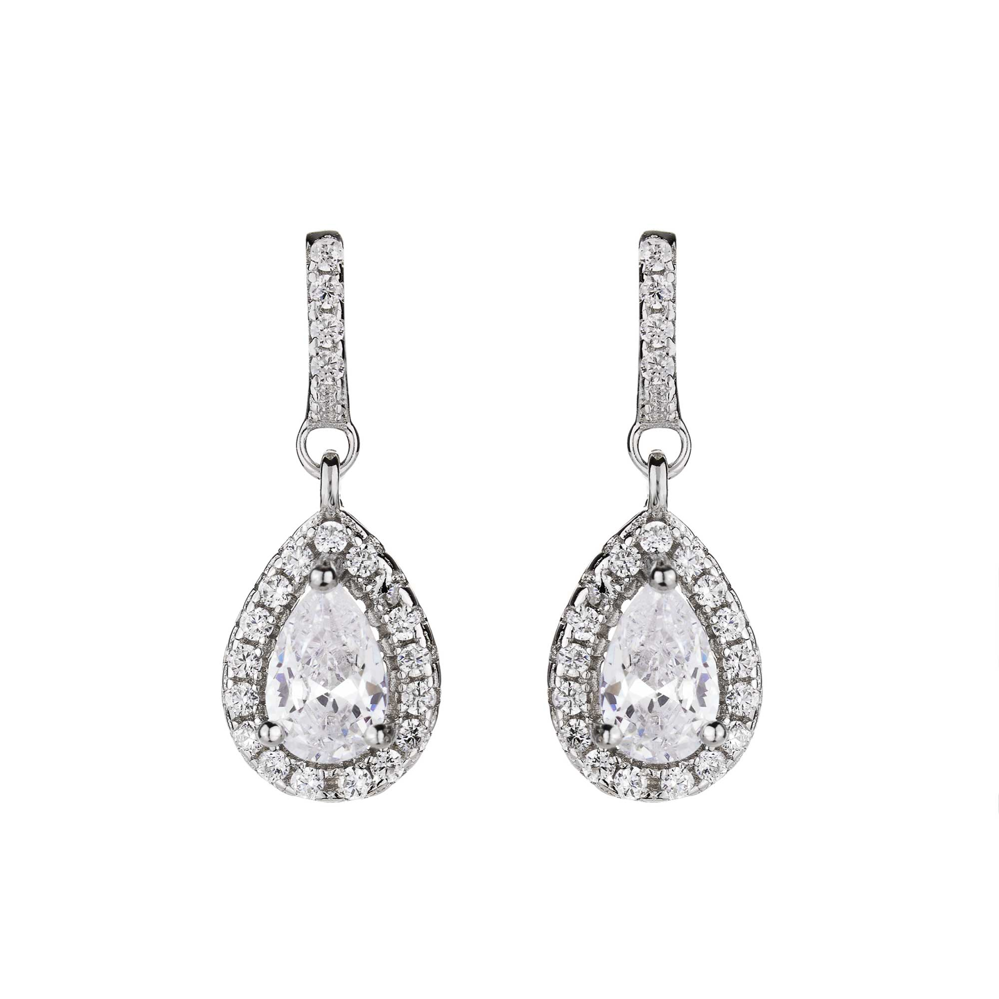 Silver Pear Reduce Cubic Zirconia Halo Drop Earrings
