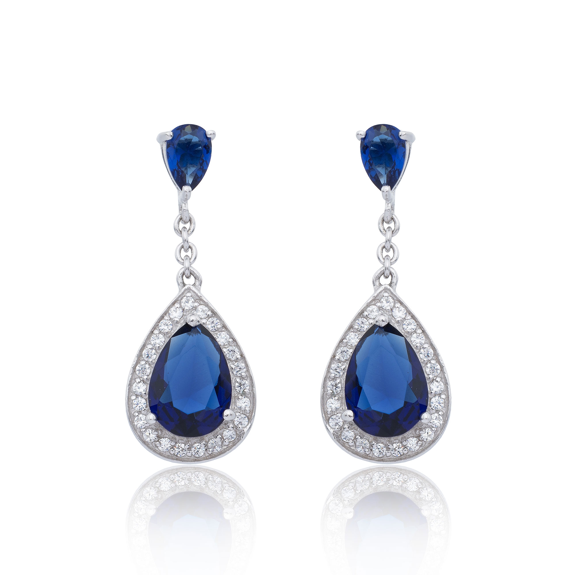 Silver Pear Reduce Blue Cubic Zirconia Drop Earrings