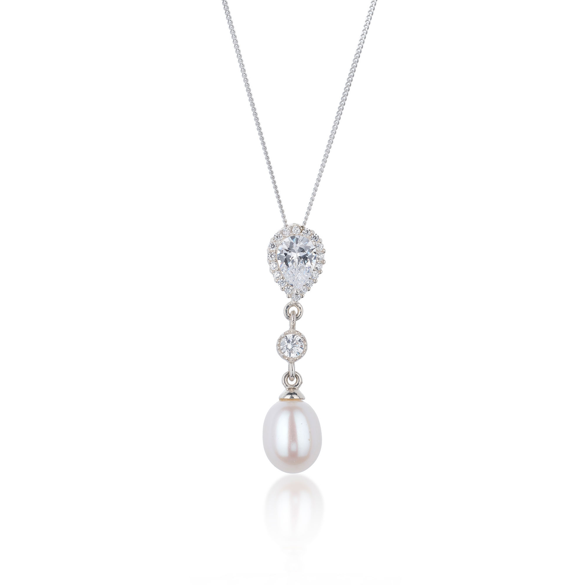 Silver Pear Reduce Cubic Zirconia Halo and Pearl Drop Pendant