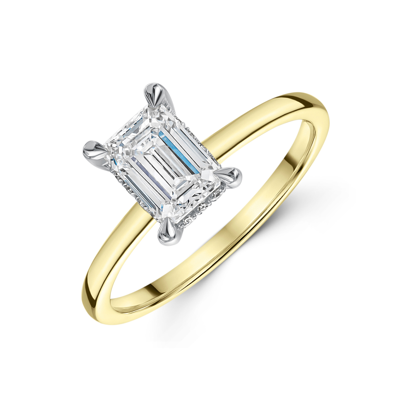 18ct Yellow Gold Lab Grown 1.00ct Emerald Minimize Hidden Halo Diamond Solitaire 1.06ct Overall Weight