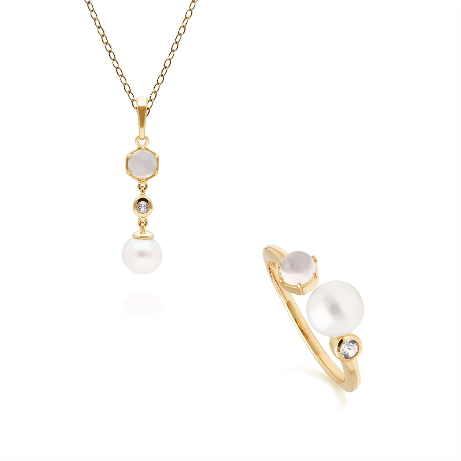 Trendy Pearl, Topaz & Moonstone Pendant & Ring Set in Gold Plated Silver