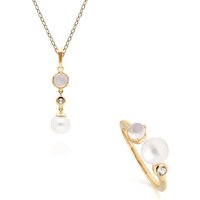 Trendy Pearl, Topaz & Moonstone Pendant & Ring Set in Gold Plated Silver