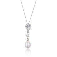 Silver Pear Reduce Cubic Zirconia Halo and Pearl Drop Pendant