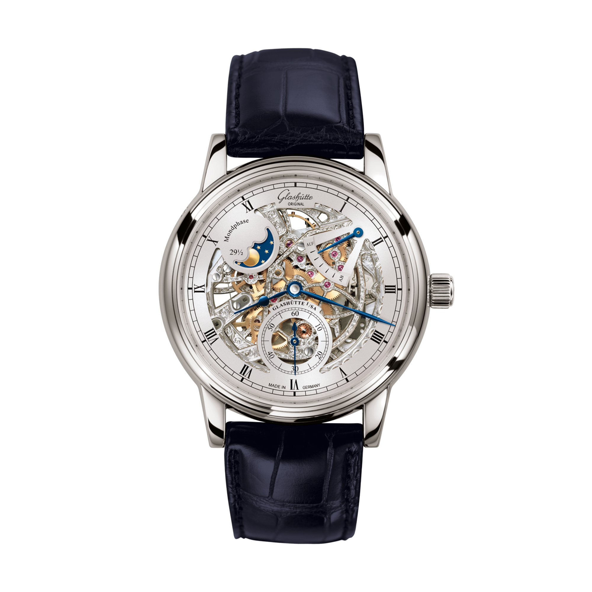 Glashutte Authentic Senator Moon Segment Skeletonized Mens Watch 1-49-13-15-04-30