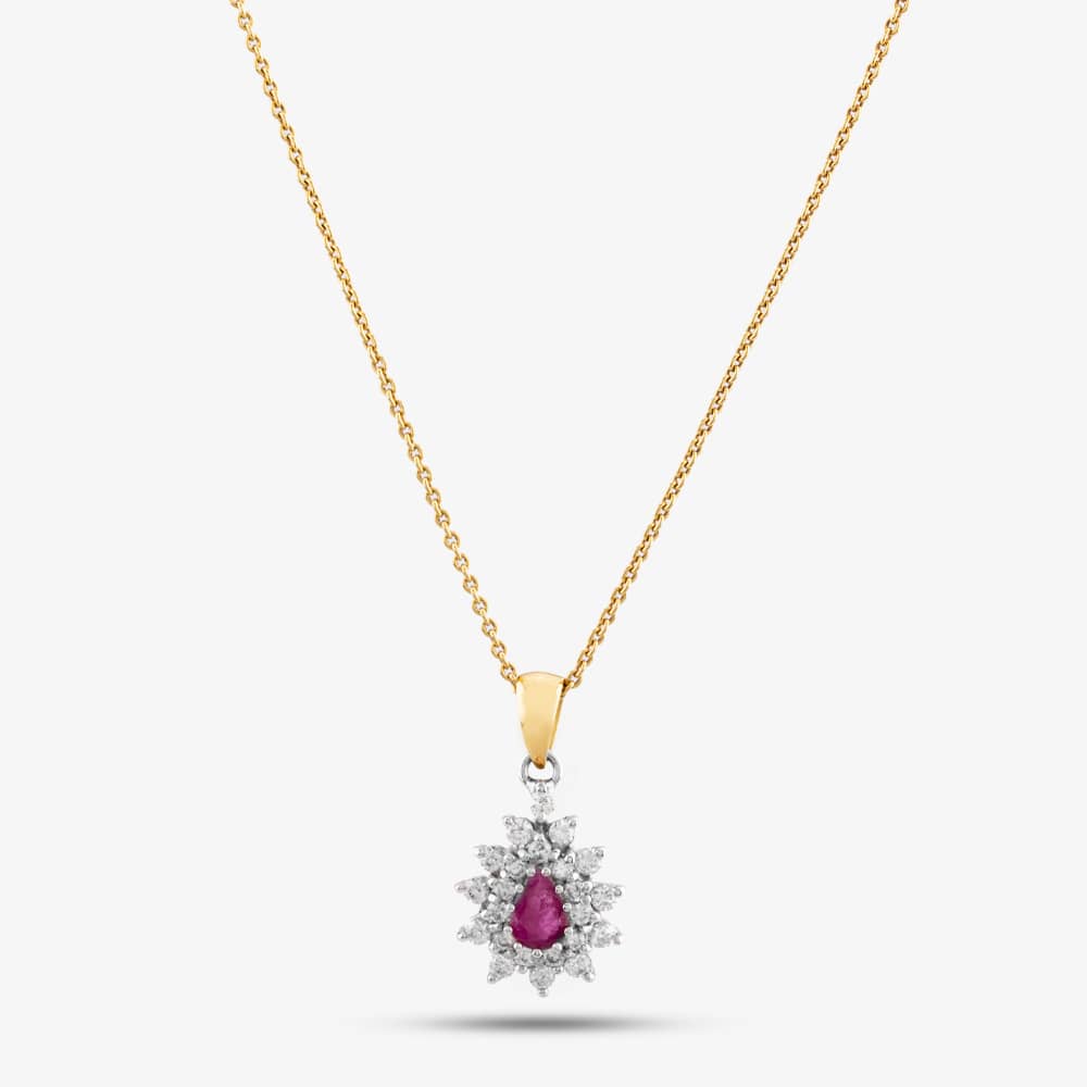Pre-Owned 18ct Yellow Gold Ruby & Diamond Cluster Pendant & 18 Inch Trace Chain 4139945