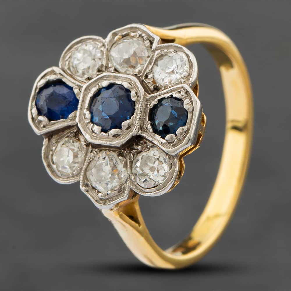 Pre-Owned Vintage 18ct Yellow Gold Sapphire & Diamond Three Row Cluster Ring 41481210