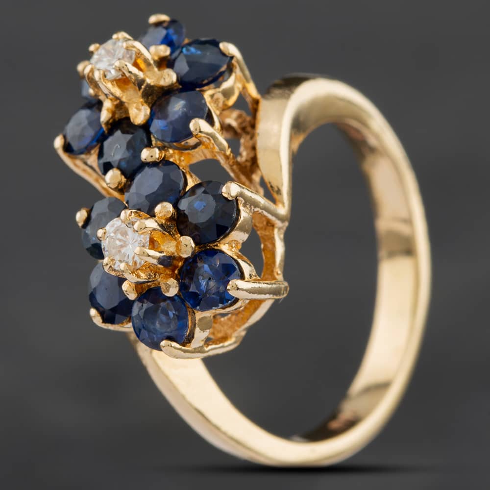 Pre-Owned 14ct Yellow Gold Sapphire & Diamond Double Cluster Cross Over Cluster Ring 4148529