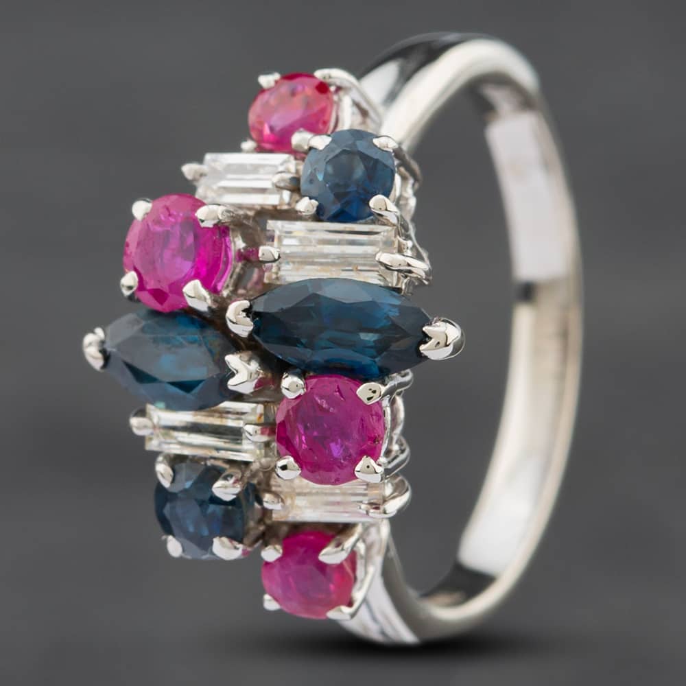 Pre-Owned 18ct White Gold Sapphire, Ruby & Diamond Cluster Ring 4158185