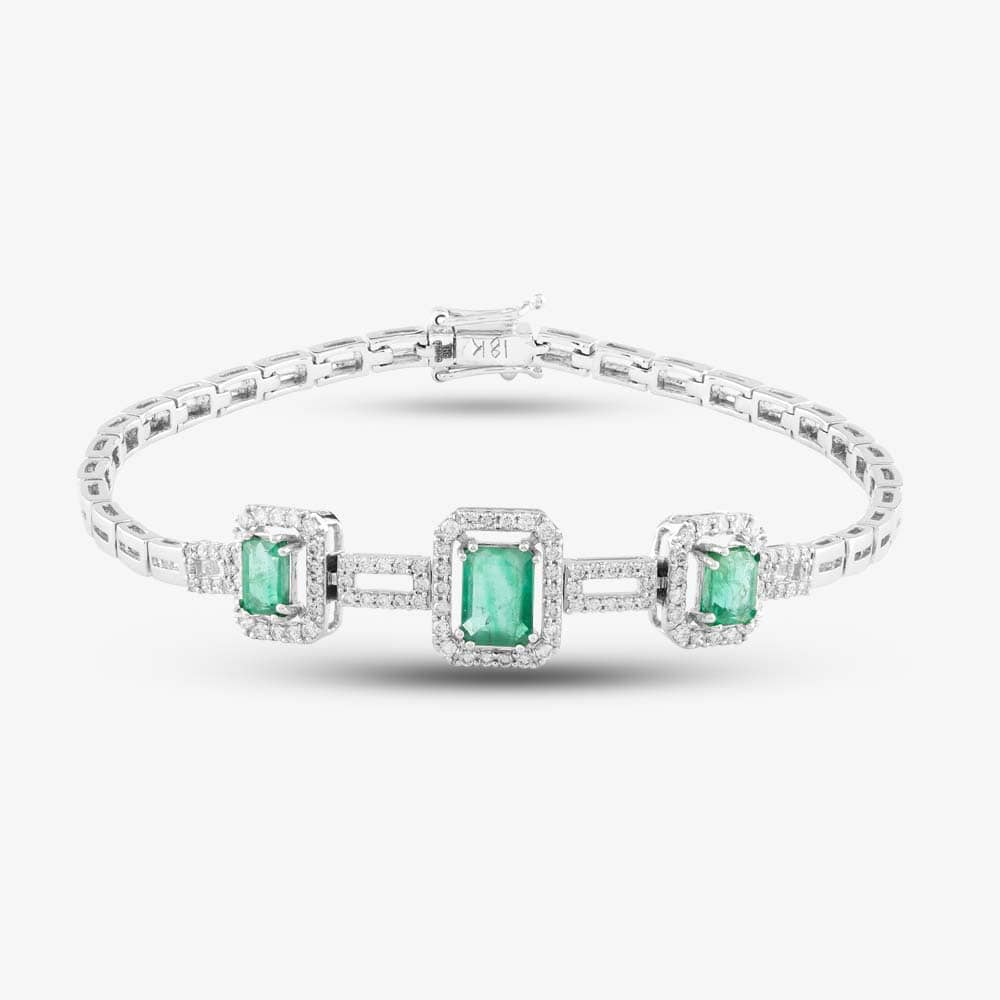 Pre-Owned 18ct White Gold Emerald & Brilliant Cut Diamond Triple Cluster Bracelet 4307155119