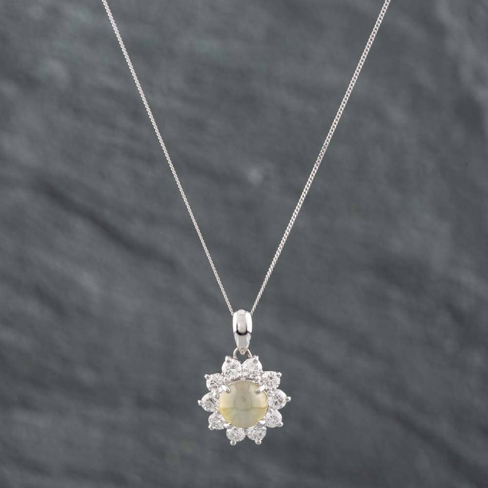Pre-Owned Platinum Certificated 1.35ct Round Chrysoberyl Cats Eye & 0.60ct Brilliant Cut Diamond Cluster Pendant & 18 Inch Curb Chain 43141096