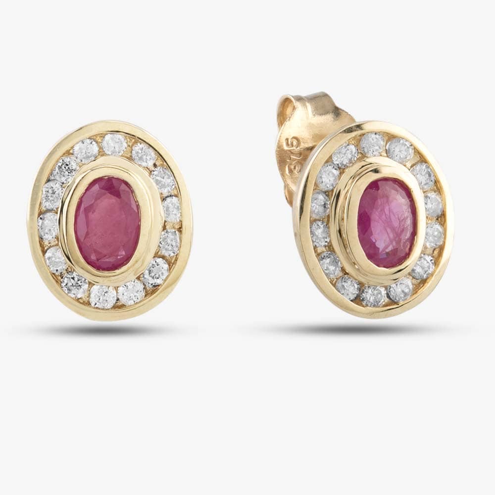 Pre-Owned 9ct Yellow Gold 0.16ct Ruby & 0.09ct Brilliant Cut Diamond Oval Cluster Stud Earrings 43170069