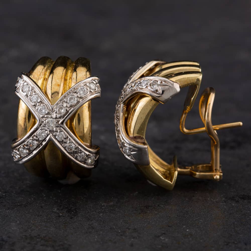 Pre-Owned 14ct Two Colour Gold 0.68ct Brilliant Cut Diamond Cross Design Hoop Earrings 4317066