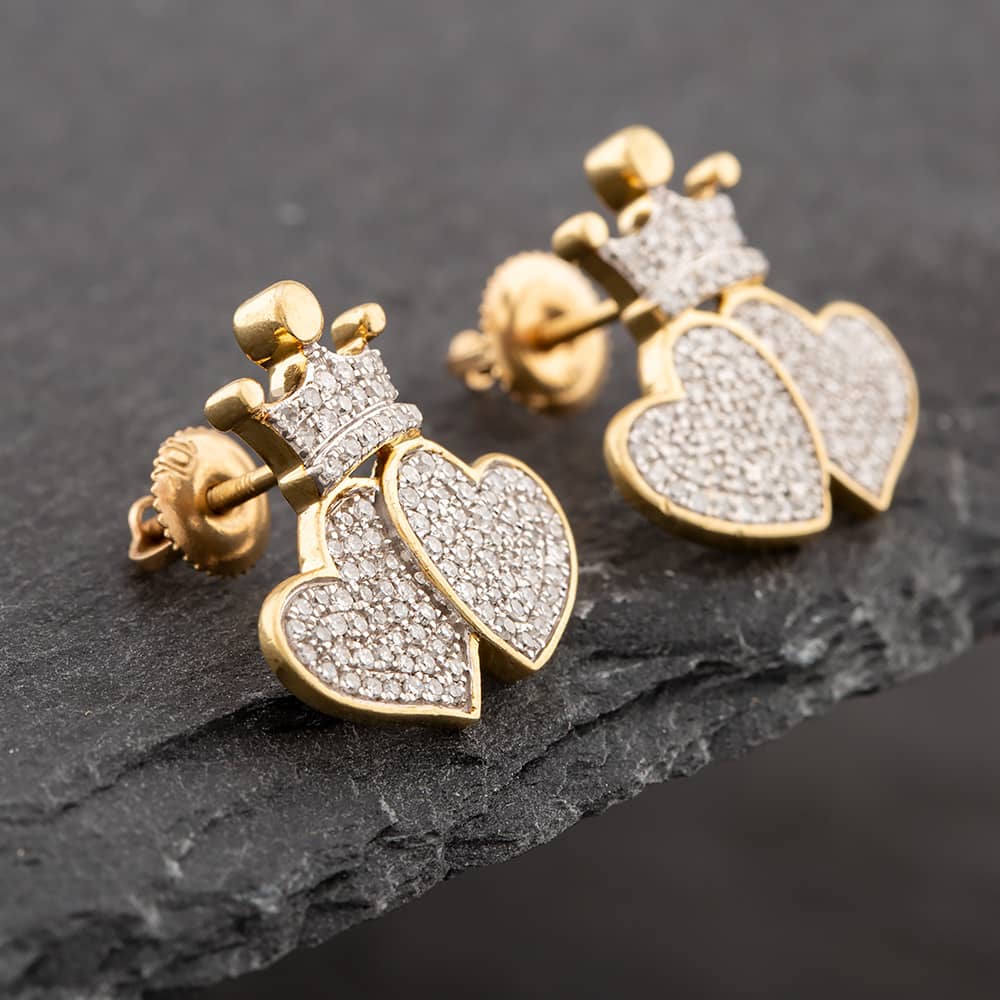 Pre-Owned 9ct Two Colour Gold Single Cut Diamond Pave Double Heart & Crown Stud Earrings 43171021