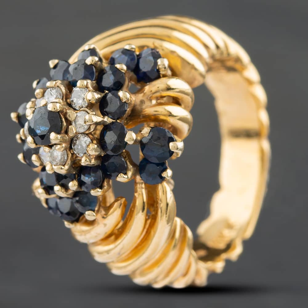 Pre-Owned 9ct Yellow Gold Sapphire & Brilliant Cut Diamond Swirl Cluster Ring 4336155220