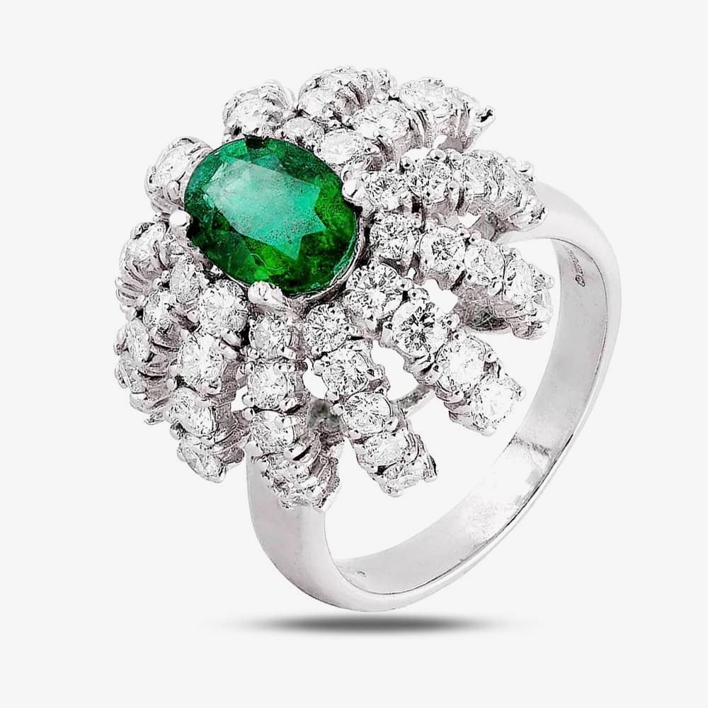 Pre-Owned 14ct White Gold 1.10ct Emerald and 1.75ct Diamond Fancy Domed Cluster Ring 4337015